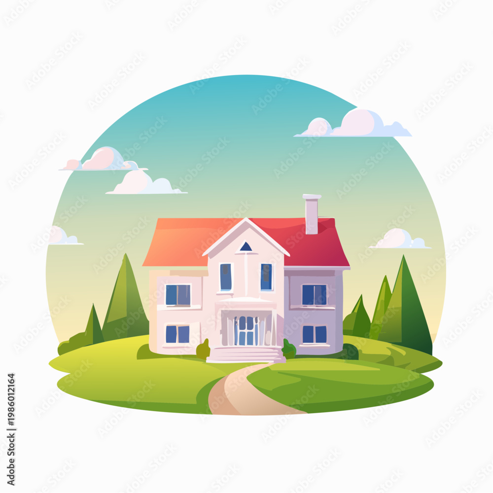 Naklejka premium Beautiful suburban house on a green hill with a winding path and trees