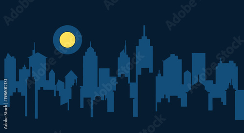 Dark Blue Cityscape Skyline at Night with Full Moon and Stars