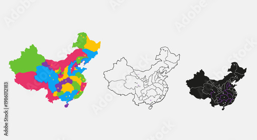 Colorful Map of China with Administrative Divisions and Outline in an Isolated White Background