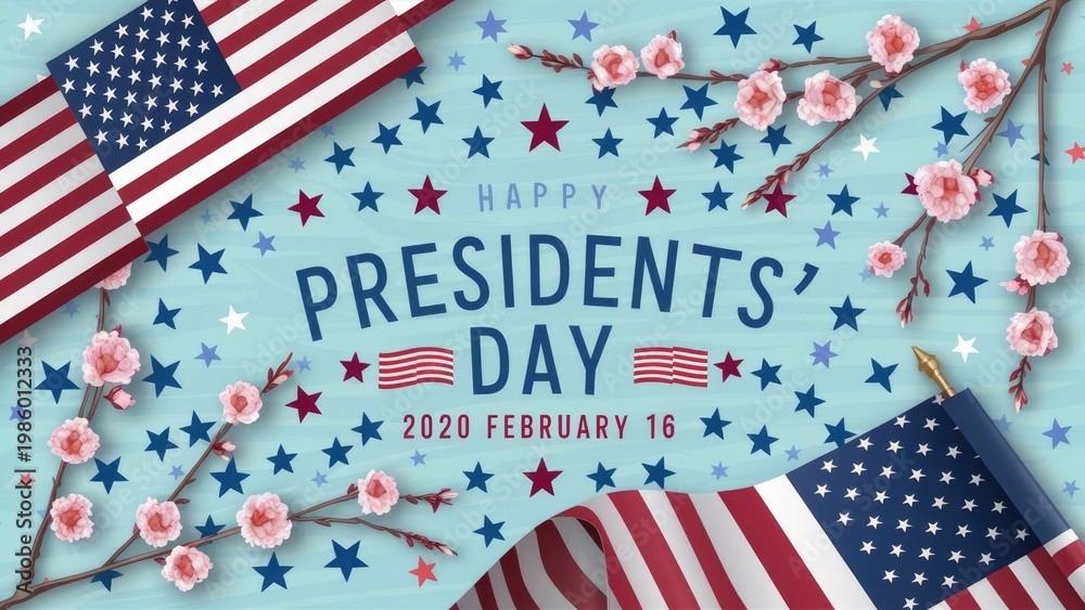 Fototapeta premium Happy Presidents Day celebration graphic featuring American flags stars and blooming cherry blossoms for February 16 event
