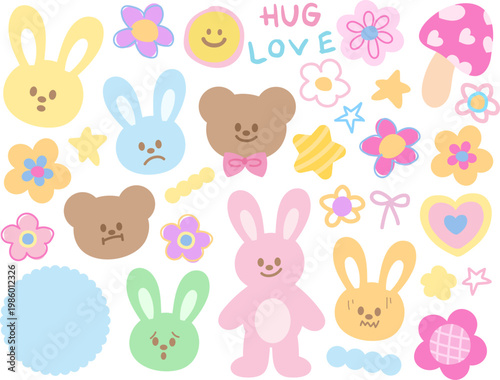Cute pastel vector illustrations of bunny and teddy bear's expressions, flowers, mushroom for pet shop, vet, zoo, stickers, cartoon, characters, comic, mascot, standee, patch, blossom, animal emotion