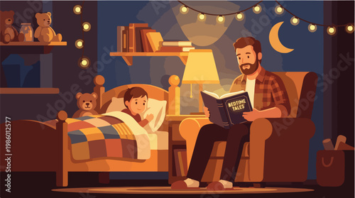 Father reading bedtime stories to his son in a cozy bedroom with string lights and teddy bears, fostering family bonding and a loving parent-child relationship.