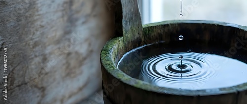Water droplet creating ripples in wooden bucket with bamboo spout, zen garden meditation concept for spa wellness and mindfulness practices.