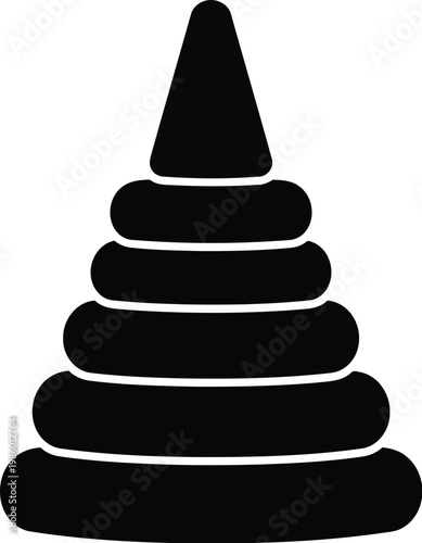 A stylized black and white depiction of a traditional stupa structure from Buddhist architecture.