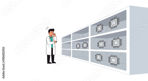 Technician looking at empty shelves with computer chips representing semiconductor shortage