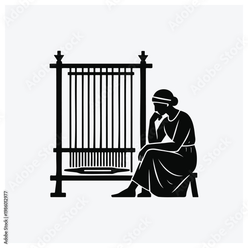 Silhouette of a woman sitting near an ornamental cage or barrier.