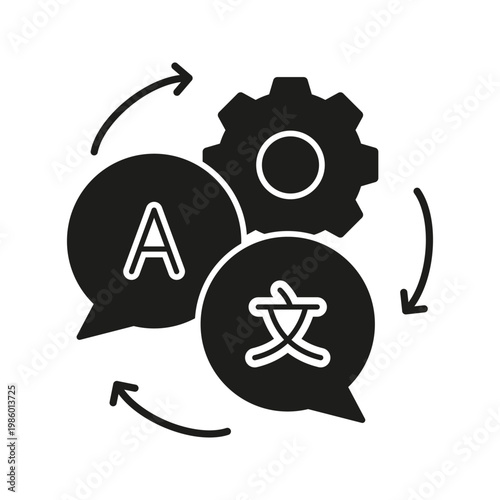 Language Translation Process Solid Icon. Multilingual Communication And Translation Automation Silhouette Symbol. Language Exchange And Software Integration. Isolated Vector Illustration