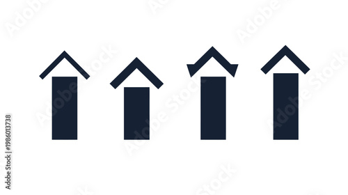 Four stylized upward arrows with varying roof shapes on a white background