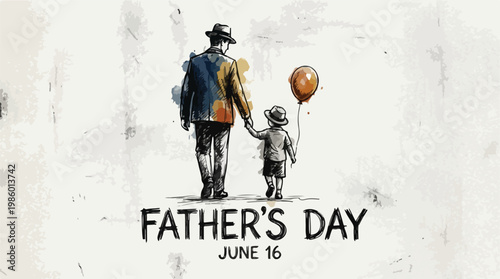 Father's Day Illustration: A Father and Son Holding Hands Walking Together with a Balloon, Celebrating Family Bonding and Love on June 16th