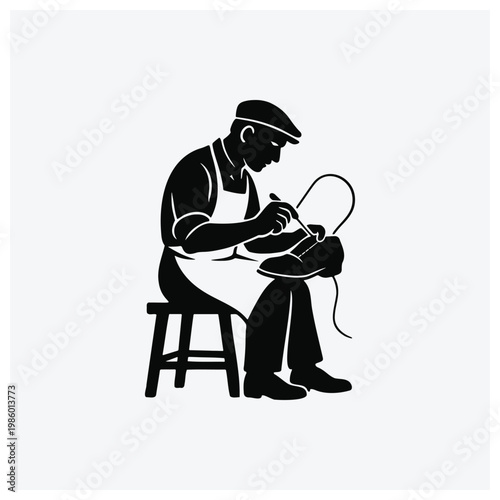 Black silhouette illustration of a tailor or seamstress sitting and sewing clothes with a sewing machine.