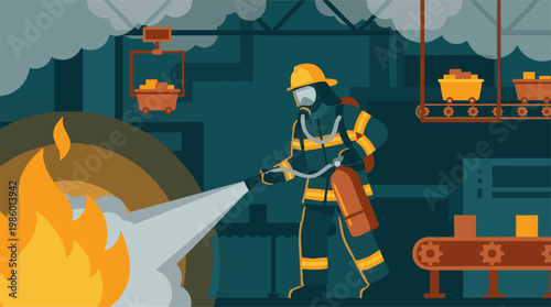Canvas-taulu Industrial firefighting: Firefighter battling blaze in a factory environment