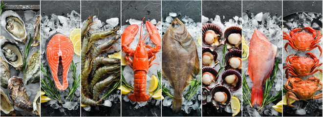 Fresh seafood laid out on ice: lobsters, shrimps, scallops and fish. Photo collage, banner from photos.