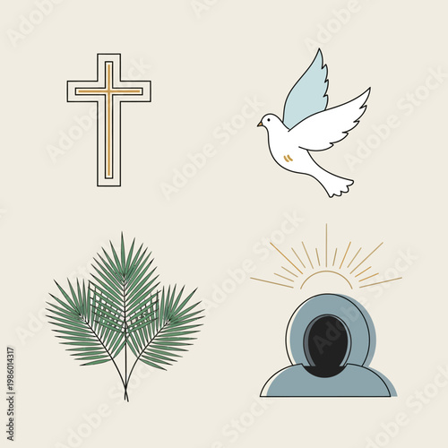 Christian Symbols Cross Dove Palm Leaves Religious Iconography