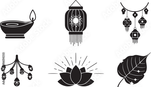 Buddhist Cultural Symbols Vector Set: Vesak Lantern, Oil Lamp, Sacred Bo Leaf, and Lotus Flower Icons for Vesak Festival, Poson Poya, Sri Lankan Traditional Celebration and Religious Decorations.