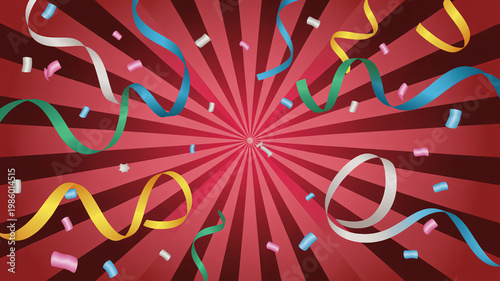 A vibrant and festive background with colorful ribbons and confetti on a red sunburst pattern