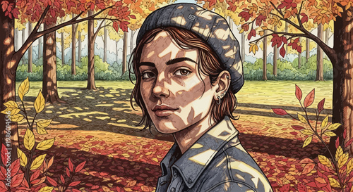 Stylized illustration of a young woman wearing a beanie in an autumn park