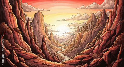 Fantasy canyon landscape with ancient cliff city at sunset