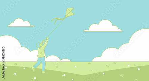 Person flying a kite on a sunny day with clouds.