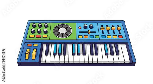 Cartoon style electronic music synthesizer keyboard with colorful buttons and knobs