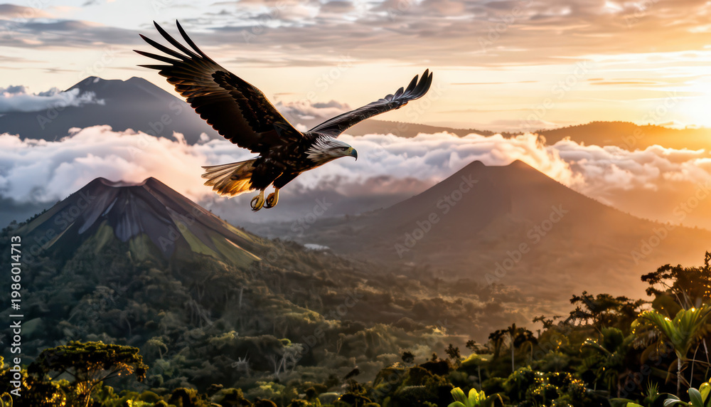 Naklejka premium An eagle soars high over mountains during sunset. The majestic eagle glides above clouds, showcasing the beauty of nature and the rugged mountains.