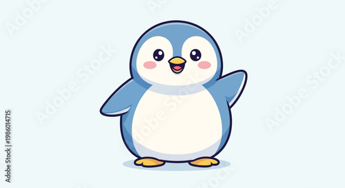 Cute cartoon penguin happily waves hello with a cheerful smile.