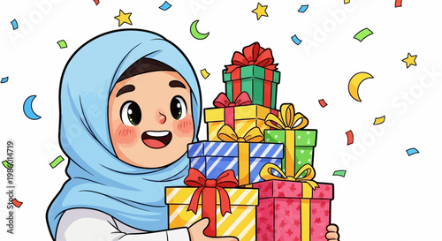 Joyful Muslim Girl Holding a Stack of Colorful Gift Boxes with Confetti