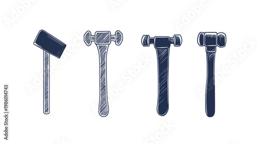 Four stylized hammers of different shapes and styles, against a white background, in sketched design