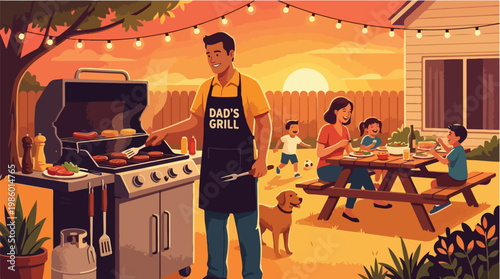 Happy Family Barbecue Backyard Scene at Sunset Dad Grilling Food on BBQ While Mother and Children Enjoy Meal Together on Picnic Table with Dog