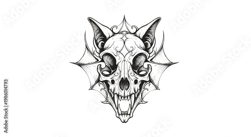 Ornate animal skull with fangs and wings in gothic style.