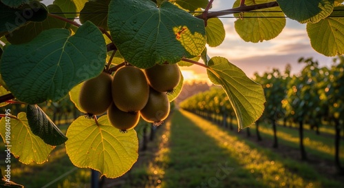 A cluster of ripe kiwi fruits hanging from a vine in a sunny orchard. The sun is setting in the background, casting a warm golden glow over the long rows of the plantation.