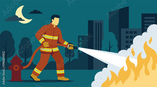 Firefighter Extinguishing Blaze with Hose in City at Night Illustration