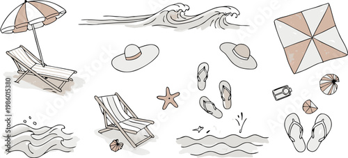 Hand Drawn Beach Elements Line Art Set with Umbrella Chair Waves and Summer Accessories Vector Illustration