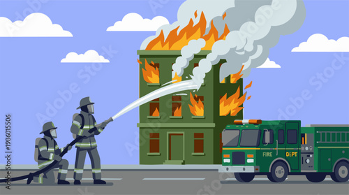 Firefighters and fire truck responding to a burning building emergency