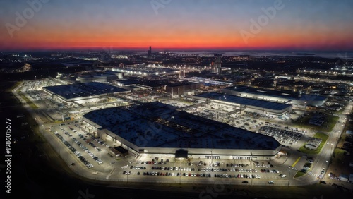 Aerial View of Industrial Complex at Dusk with Vibrant Sunset Sky