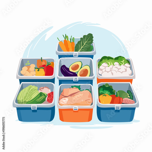 Mehrere Meal-Prep-Behälter sind ordentlich angeordnet und mit frischen, gesunden Speisen gefüllt.