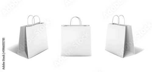 Realistic white paper bag with handles for commercial brand identity vector