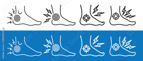 Foot and Ankle Pain Icon Set. depicting various points of discomfort and injury, presented as minimalist line art illustrations for healthcare concepts.