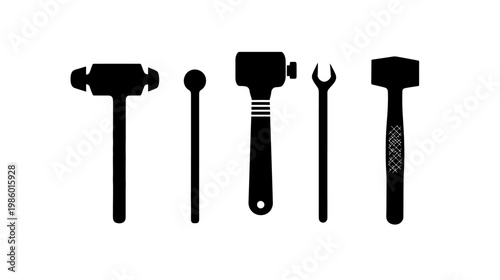 Silhouetted illustration showing different tools with handles, aligned on a blank white backdrop