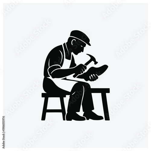 Silhouette of a carpenter or builder working at a desk with tools.