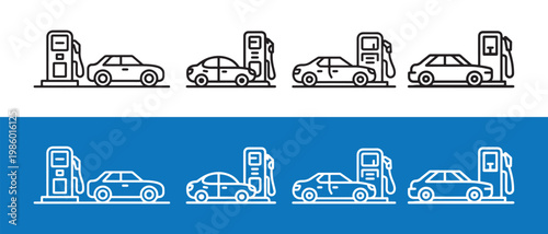 Set of Line Art Car Refueling Icons. at Gas Stations with Different Vehicles in Outline Style.