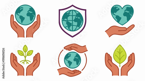 Environmental protection, sustainability, and nature care vector icon set