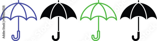 Colorful and monochrome umbrellas with outlined and filled designs shown in sequence