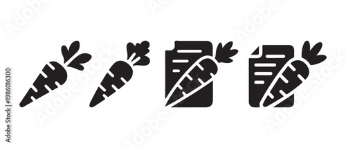 Digital Document and Carrot Icons. Minimalist black glyphs on a white background for healthy data, nutrition, and incentives.