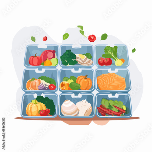 Mehrere Meal-Prep-Behälter sind ordentlich angeordnet und mit frischen, gesunden Speisen gefüllt.