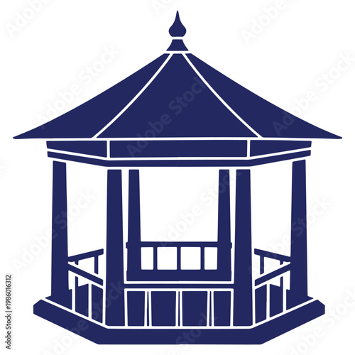 Elegant gazebo silhouette with geometric details in deep blue evoking tranquility and architectural design a vector illustration