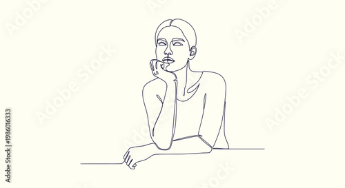 Continuous Line Art of a Pensive Woman Leaning on Her Hand Minimalist One Line Drawing Illustration