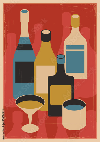 1960s Commercial Poster Style Illustration, Bottles and Glasses, Alcoholic Drinks, Mid Century Modern Colors and Shapes