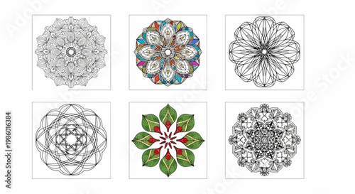 Collection of mandalas. black and white and colored mandala vector illustrations. set of six different designs.
