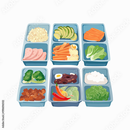 Mehrere Meal-Prep-Behälter sind ordentlich angeordnet und mit frischen, gesunden Speisen gefüllt.