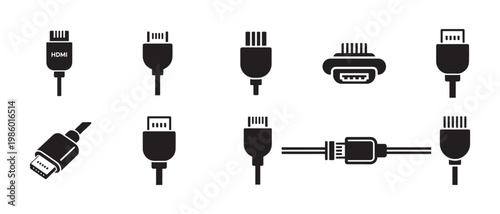 Set of USB and HDMI Connectors Black Silhouettes Icons. on White Background, Minimalist Digital Device Ports Collection.